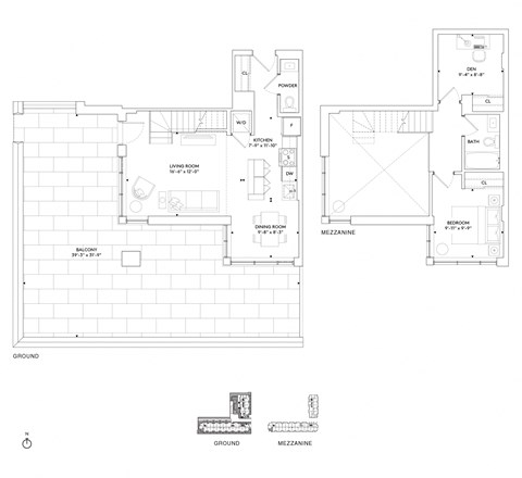 Floor plan for 1 bed, 1.5 baths, 943 sqft